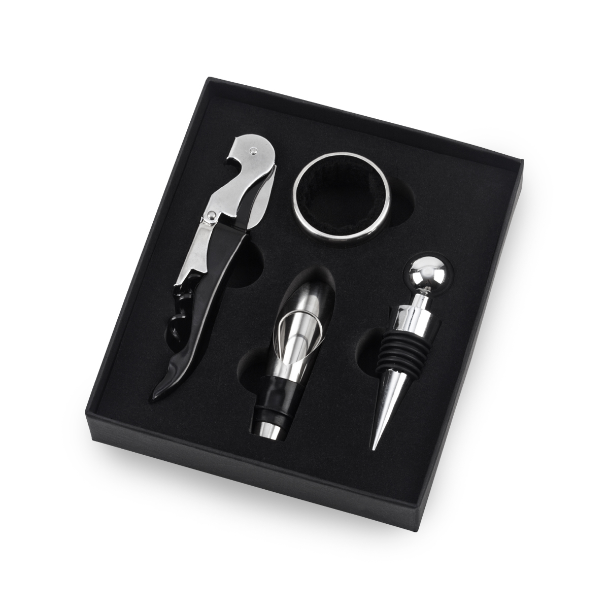 סט אביזרים ליין: פותחן מלצרים מקצועי, משפך מזיגה עם פקק. טבעת למניעת טפטוף. פקק מעוצב, קופסת מתנה.